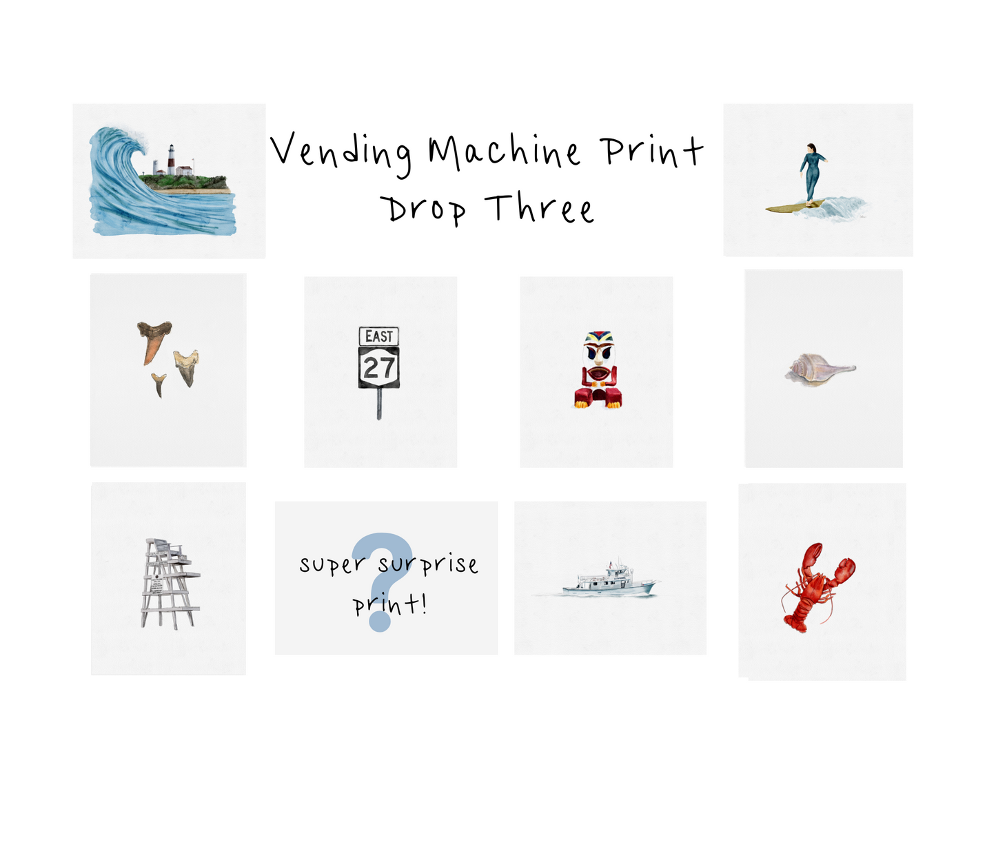 Collection of small illustrations on a white background with text 'Vending Machine Print Drop Three' and 'super surprise print!'.
