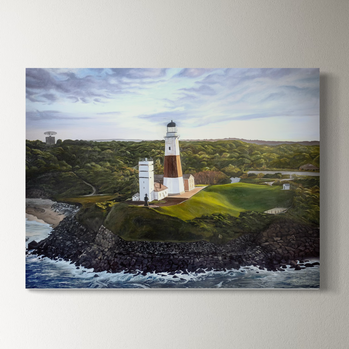 Painting of a lighthouse on a rocky outcrop with ocean and landscape in the background.