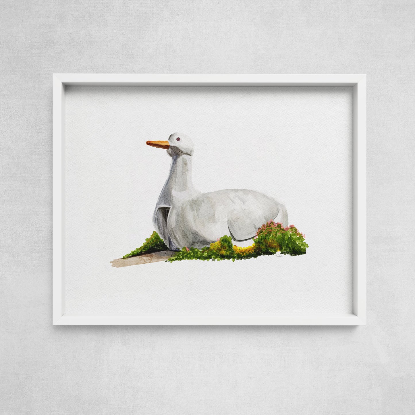 A framed watercolor print of the Big Duck, a famous roadside attraction in Flanders, Long Island, displayed against a white background.