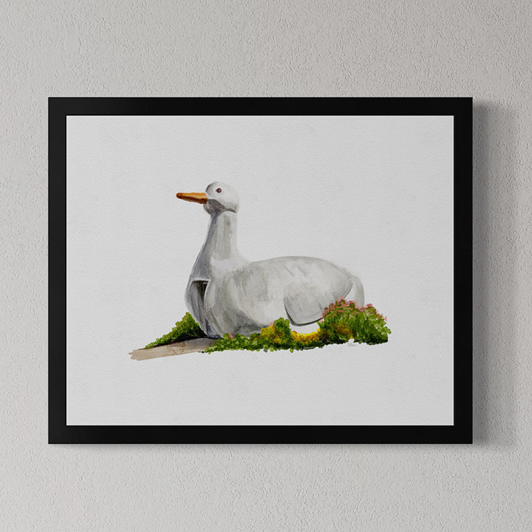 Framed artwork of The Big Duck landmark in Flanders on Long Island, NY sculpture on grass against a light gray background