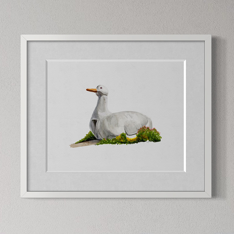 Framed artwork of The Big Duck Landmark in Flanders, Long Island, NY on a white background