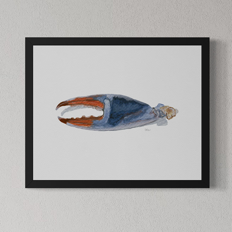 Framed artwork of a blue and orange shell on a gray wall