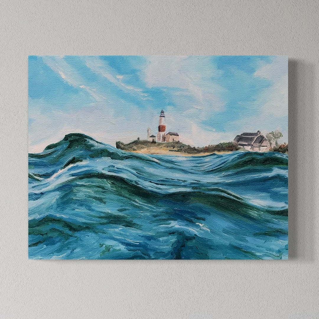 Canvas print of a lighthouse scene with blue waves and sky.