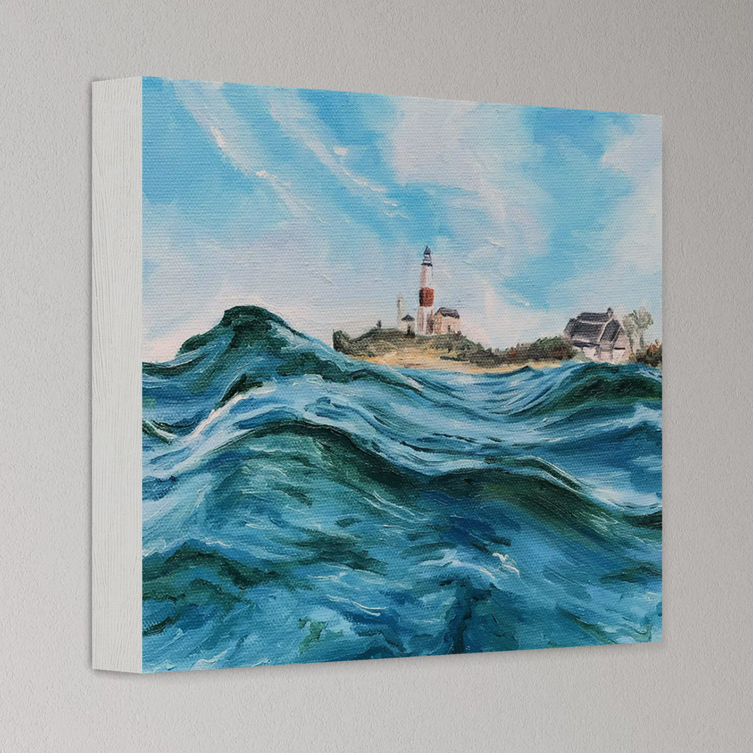 Painting of a lighthouse by the sea on a gray wall