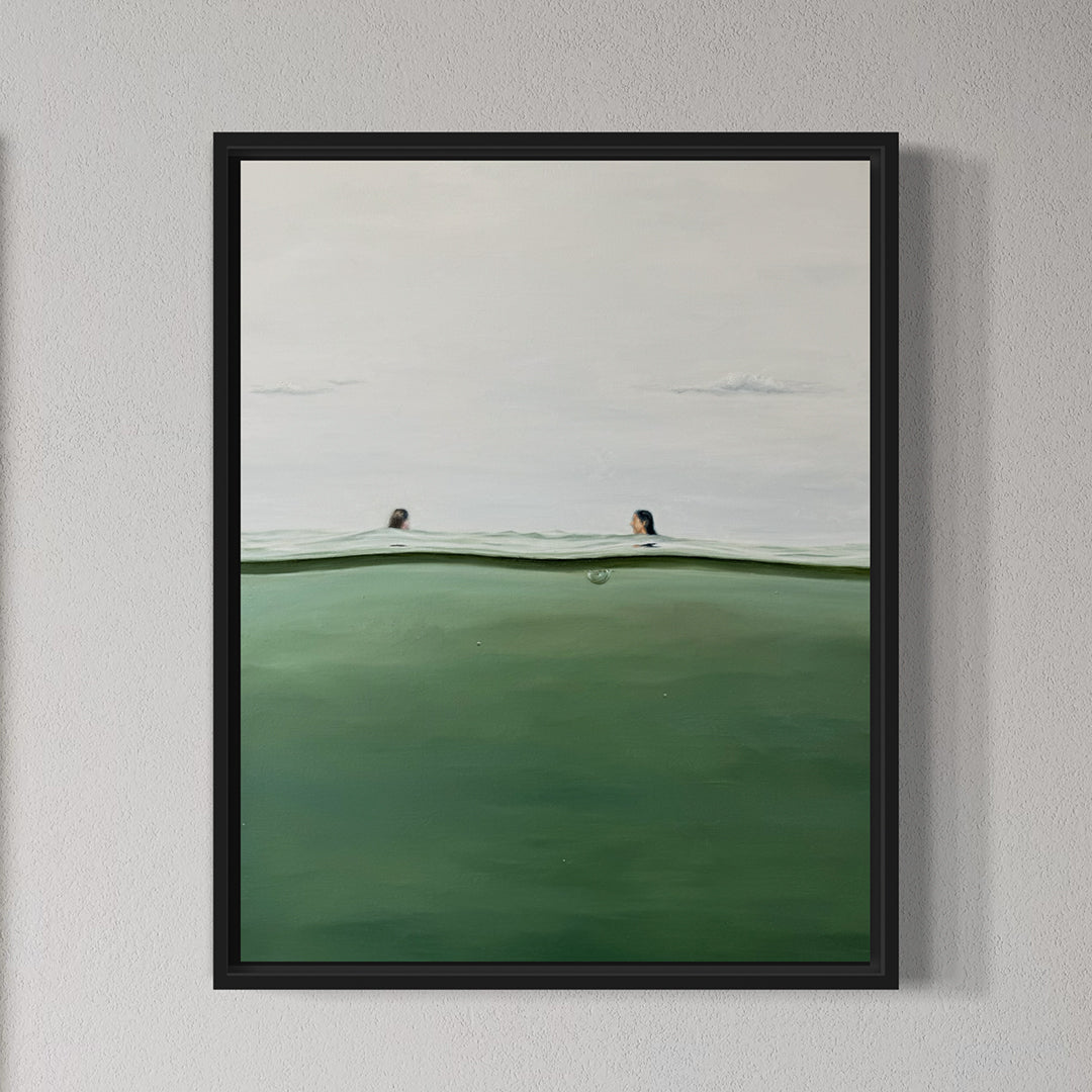Framed artwork of a minimalistic scene with two people in water against a plain background