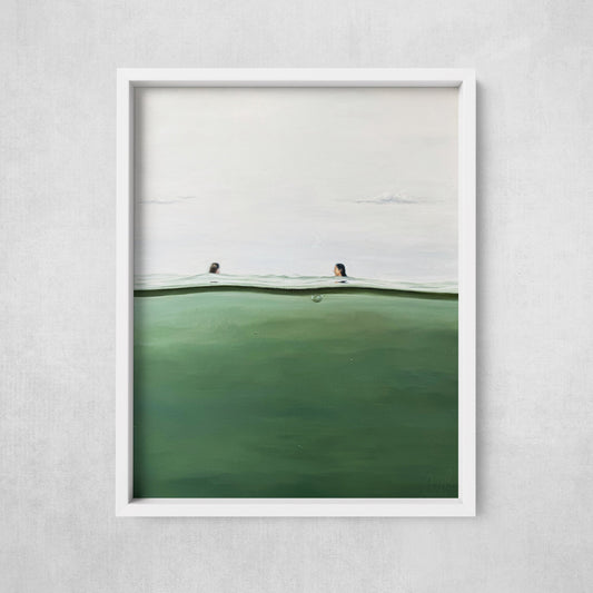 A framed fine art paper print depicting an original oil painting with a split-perspective composition of sky and sea, including two figures on the surface and the unknown depth below.