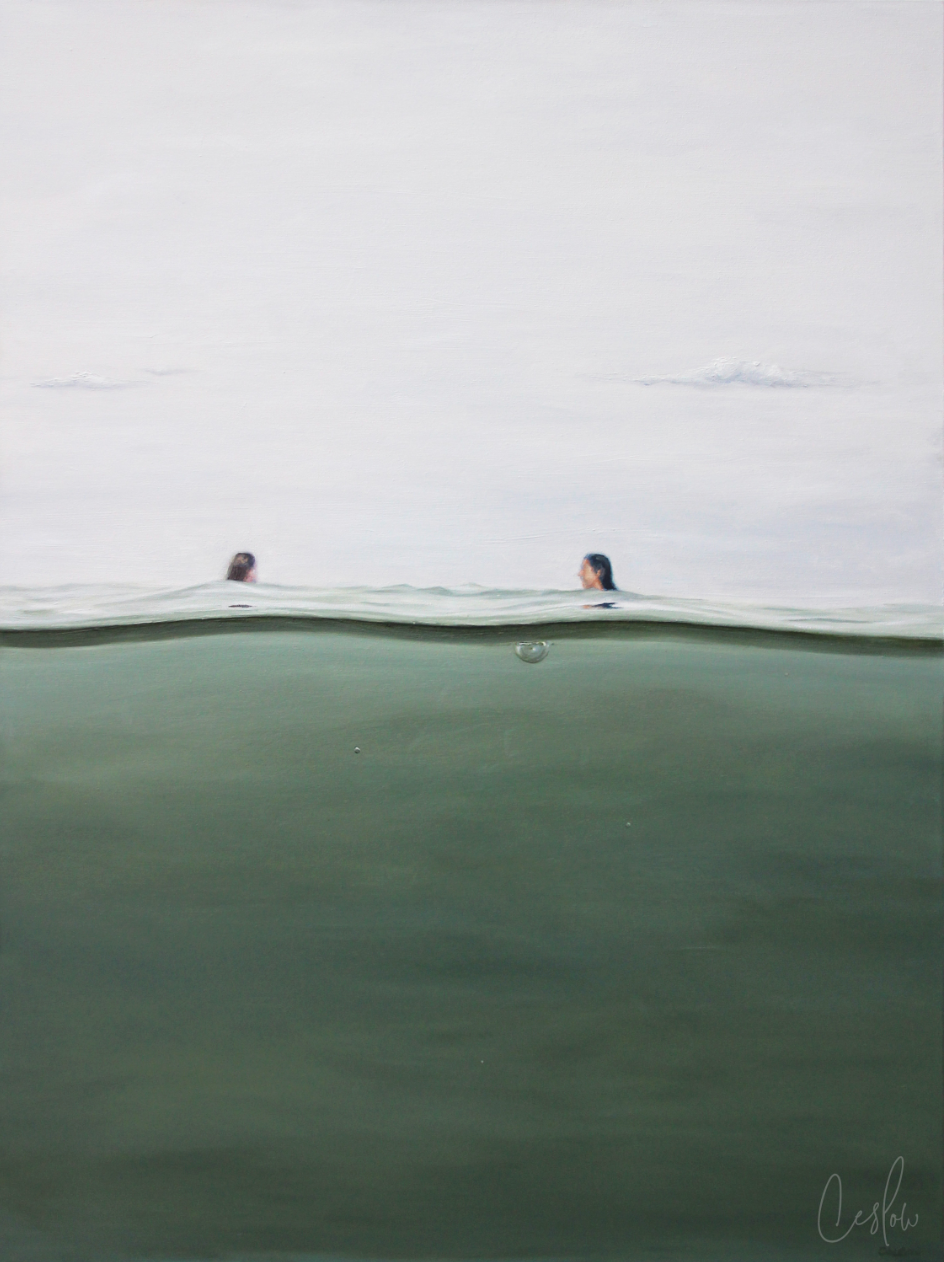 This painting shows an overcast, grey sky with two figures in soft focus, floating in a green boundless sea. The viewpoint has you afloat in the water with them.