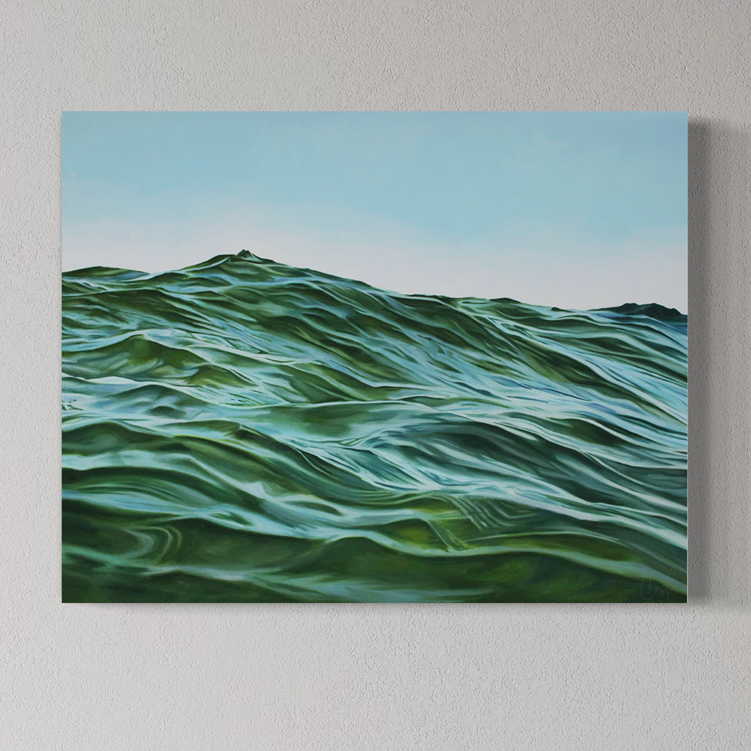 Canvas print of wavy green water on a gray wall