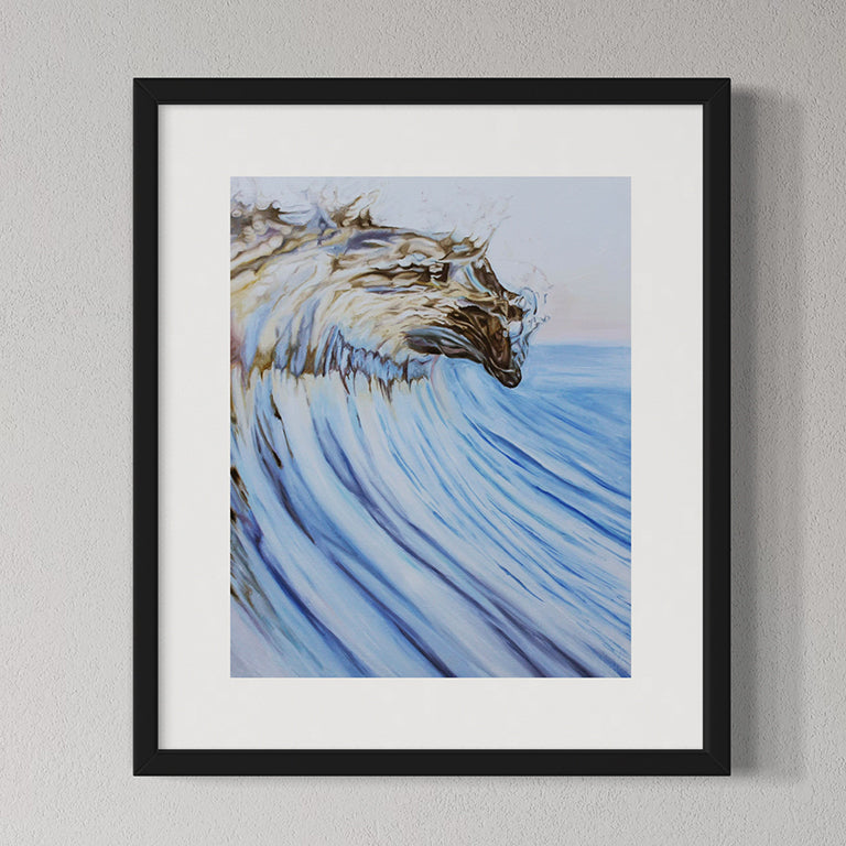 Framed fine art print of Golden Drop by Candace Ceslow, featuring a golden sunlit wave breaking over a blue sea—coastal ocean artwork with luminous detail.