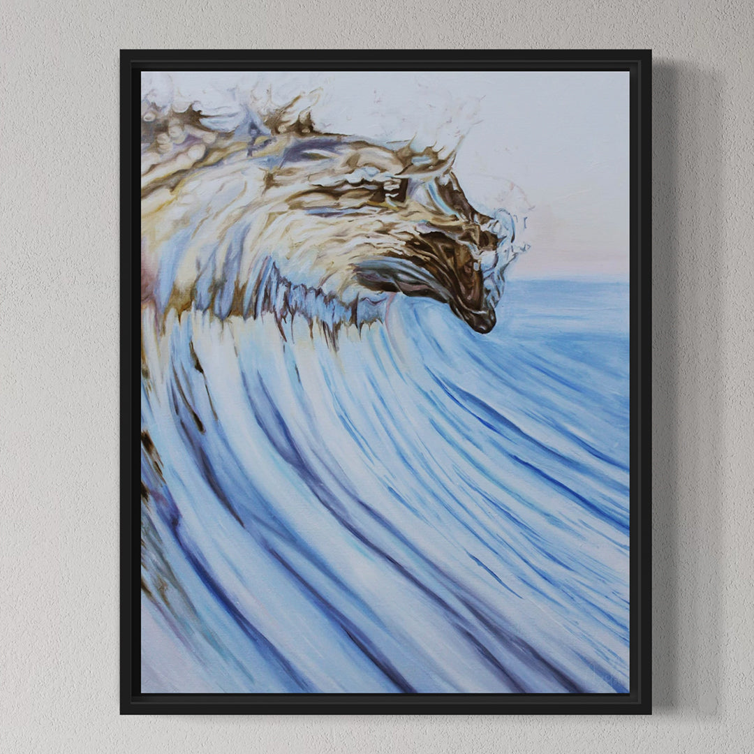 Framed fine art print of Golden Drop by Candace Ceslow, featuring a golden sunlit wave breaking over a blue sea—coastal ocean artwork with luminous detail.