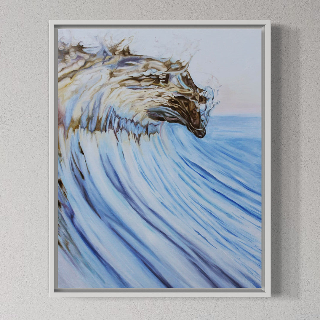 Framed artwork of a horse head emerging from water on a gray wall