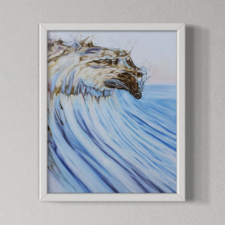 Framed artwork of a dragon emerging from water on a gray wall