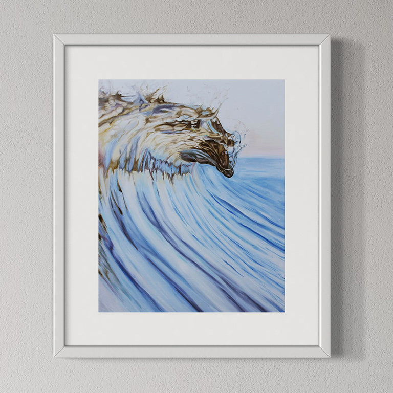 Framed artwork of a horse emerging from water on a gray wall