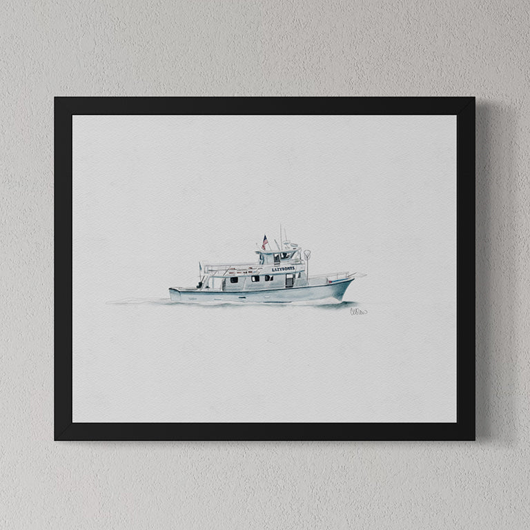 Framed artwork of a boat on a gray wall