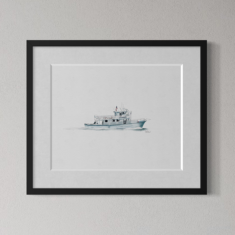 Framed artwork of a boat on a gray wall