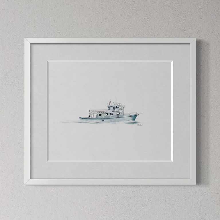 Framed artwork of a boat on a gray wall