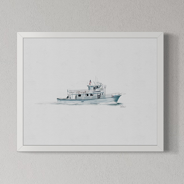 Framed artwork of a boat on a gray wall