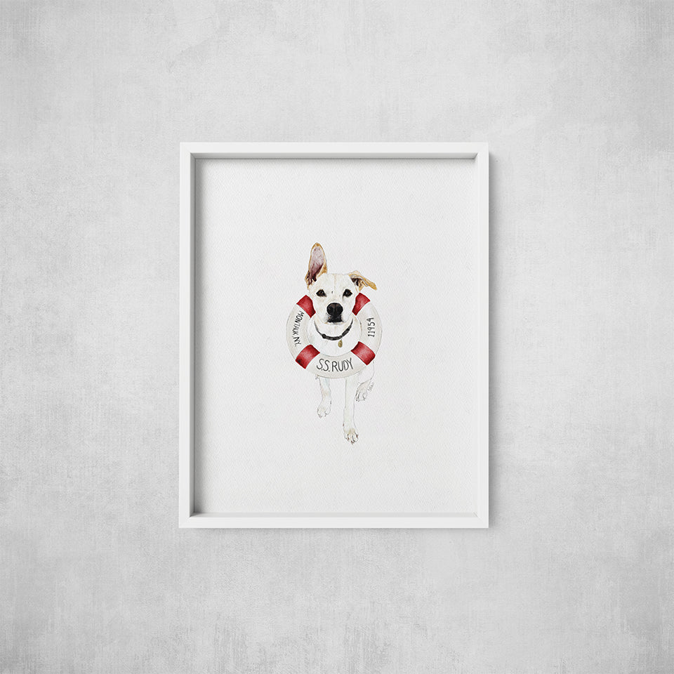 Framed artwork of a dog with a life preserver on a gray wall