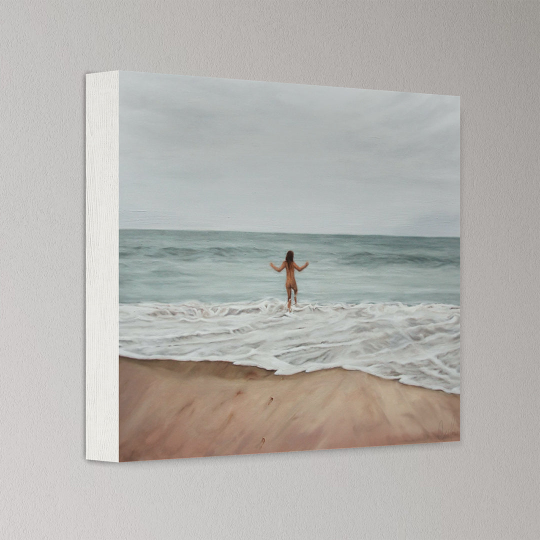 Painting of a person standing on a beach with ocean waves
