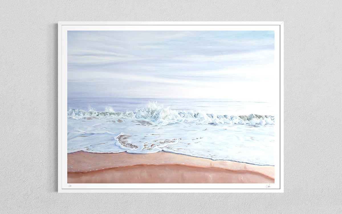 Dreamy Sunset ocean wave art print in a white frame, coastal seascape by Candace Ceslow