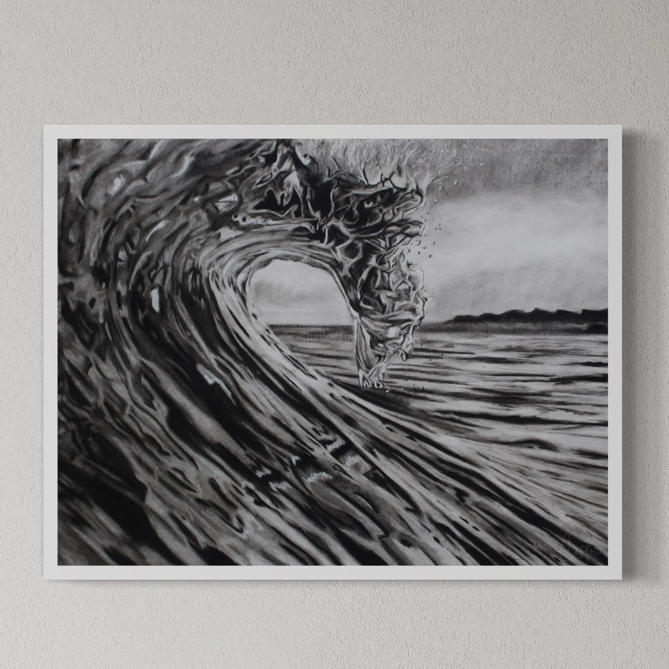 A framed black and white charcoal drawing of a wave crashing, with intricate details and textures, presented against a plain background.