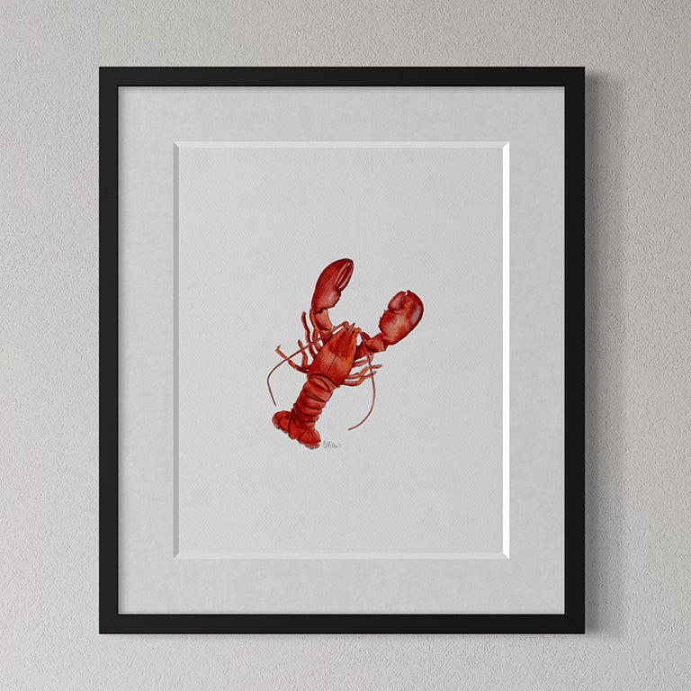 Framed artwork of a red lobster on a gray background