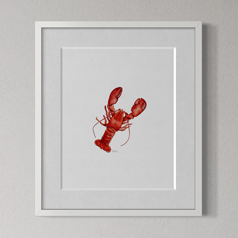 Framed artwork of a red lobster on a gray background