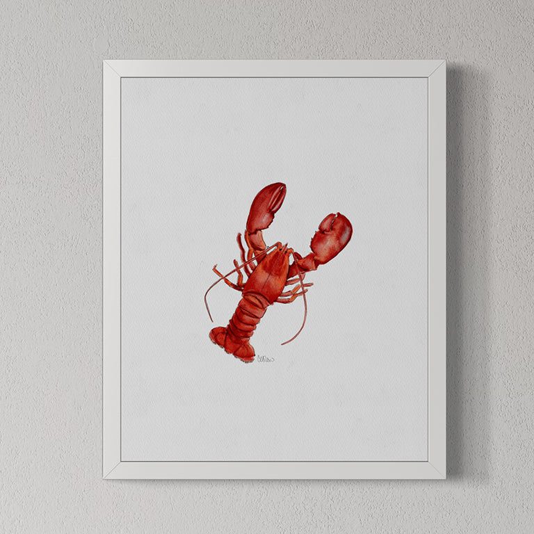Framed artwork of a red lobster on a light gray background