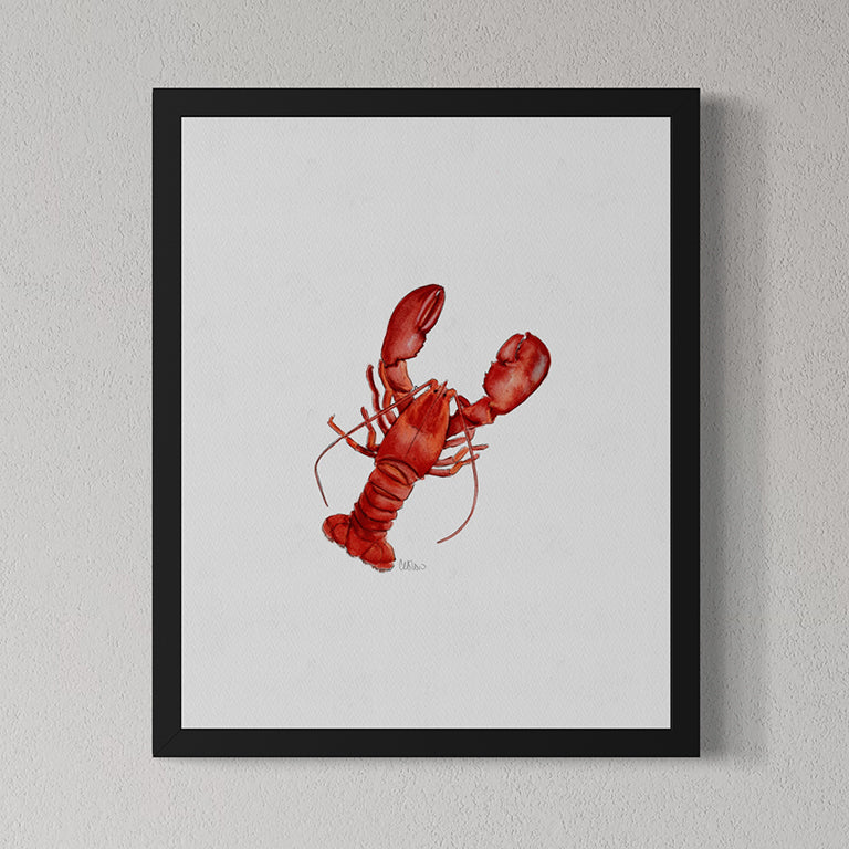Framed artwork of a red lobster on a light gray background