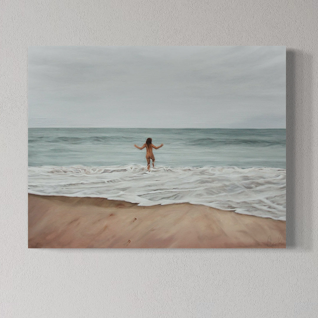 Painting of a person walking on a beach with ocean waves
