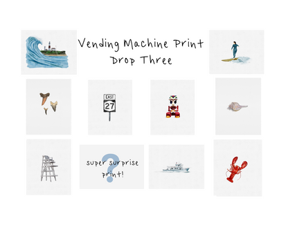 Collection of small illustrations on a white background with text 'Vending Machine Print Drop Three' and 'super surprise print!'.