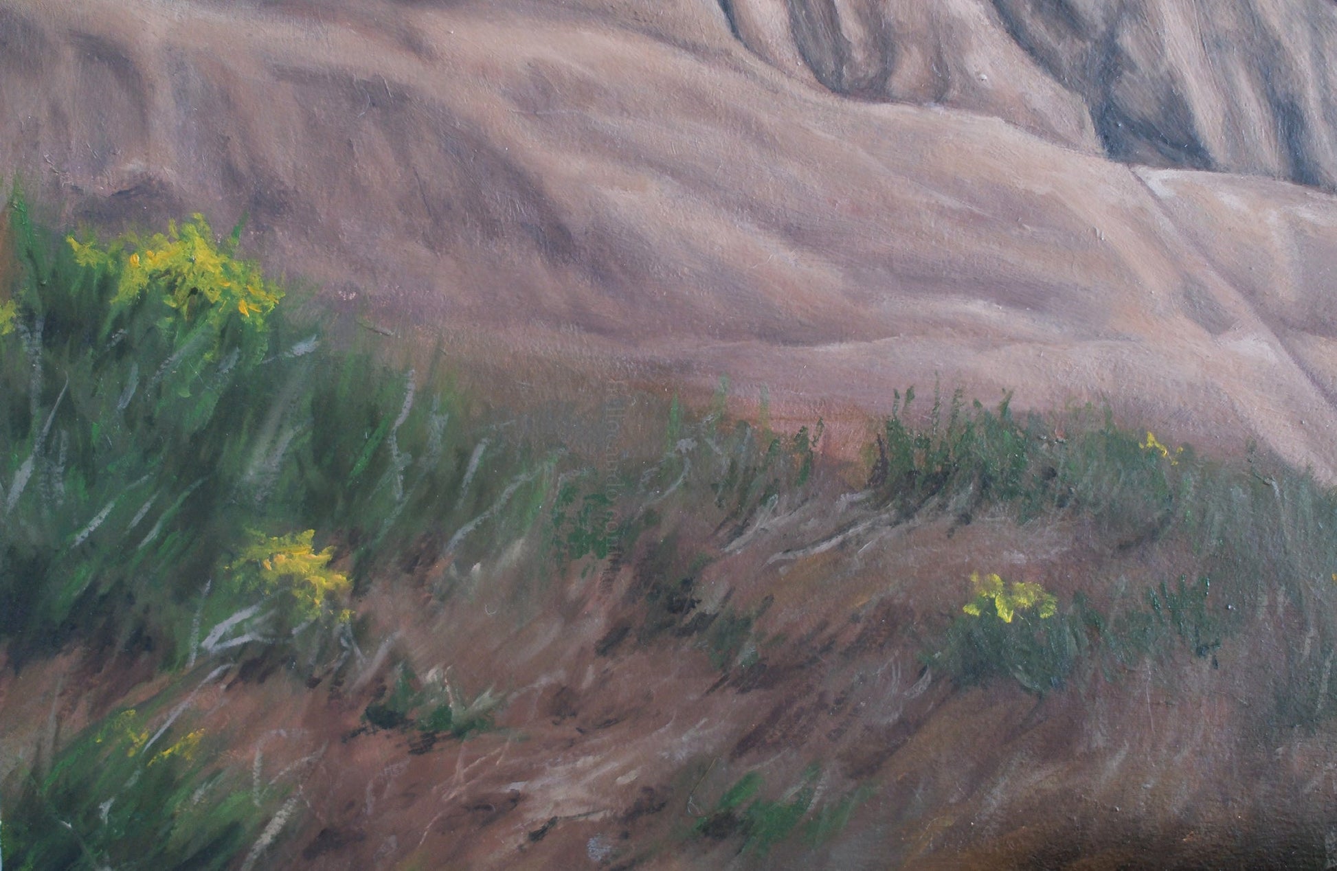 Artistic depiction of a mountainous landscape with greenery and yellow flowers.