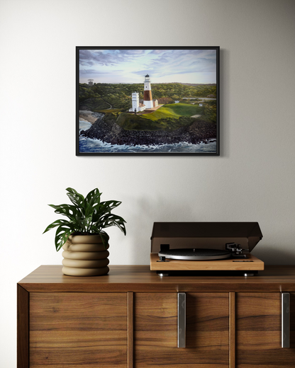 Framed artwork of a lighthouse on a wall above a wooden cabinet with a plant and record player.