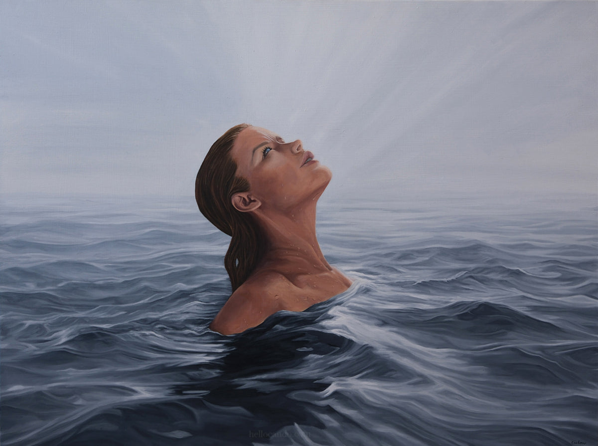 "Becoming, a 30x40 inch original oil painting of a woman emerging from the sea into soft light, by Candace Ceslow"