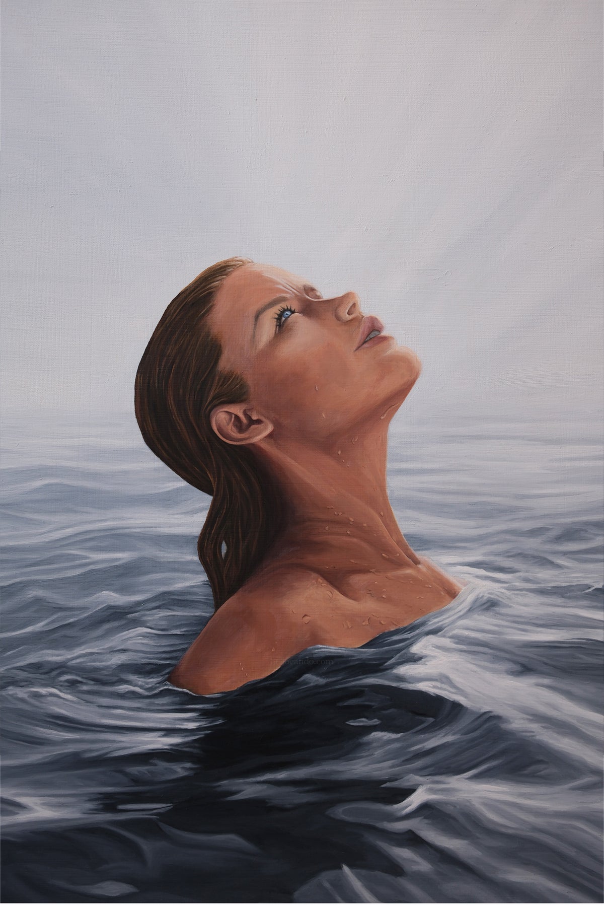 "Becoming, an original oil painting of a woman rising from the sea with her face turned up to the light, by Candace Ceslow"