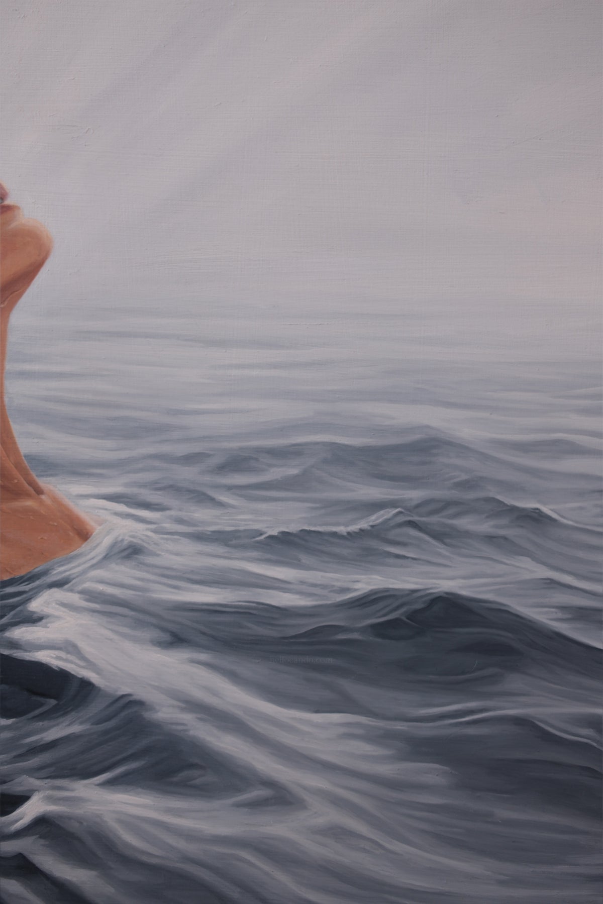 Detail of Becoming showing the figure emerging from deep blue-gray water, original oil painting by Candace Ceslow