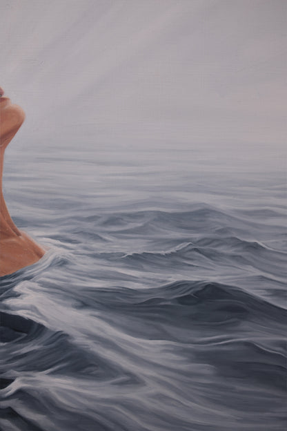 Detail of Becoming showing the figure emerging from deep blue-gray water, original oil painting by Candace Ceslow