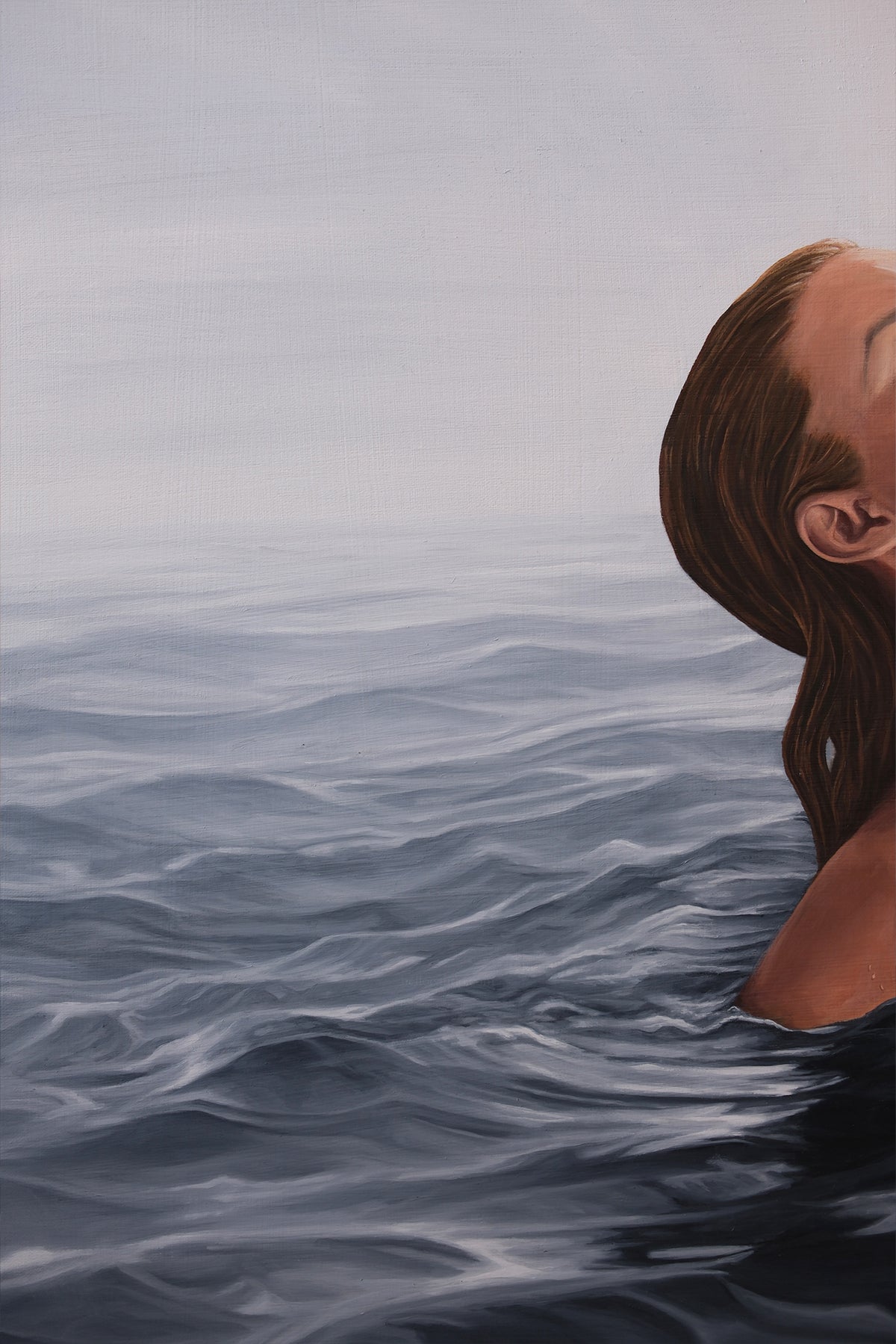 Detail of Becoming showing wet hair against the ocean surface, original figurative oil painting by Candace Ceslow