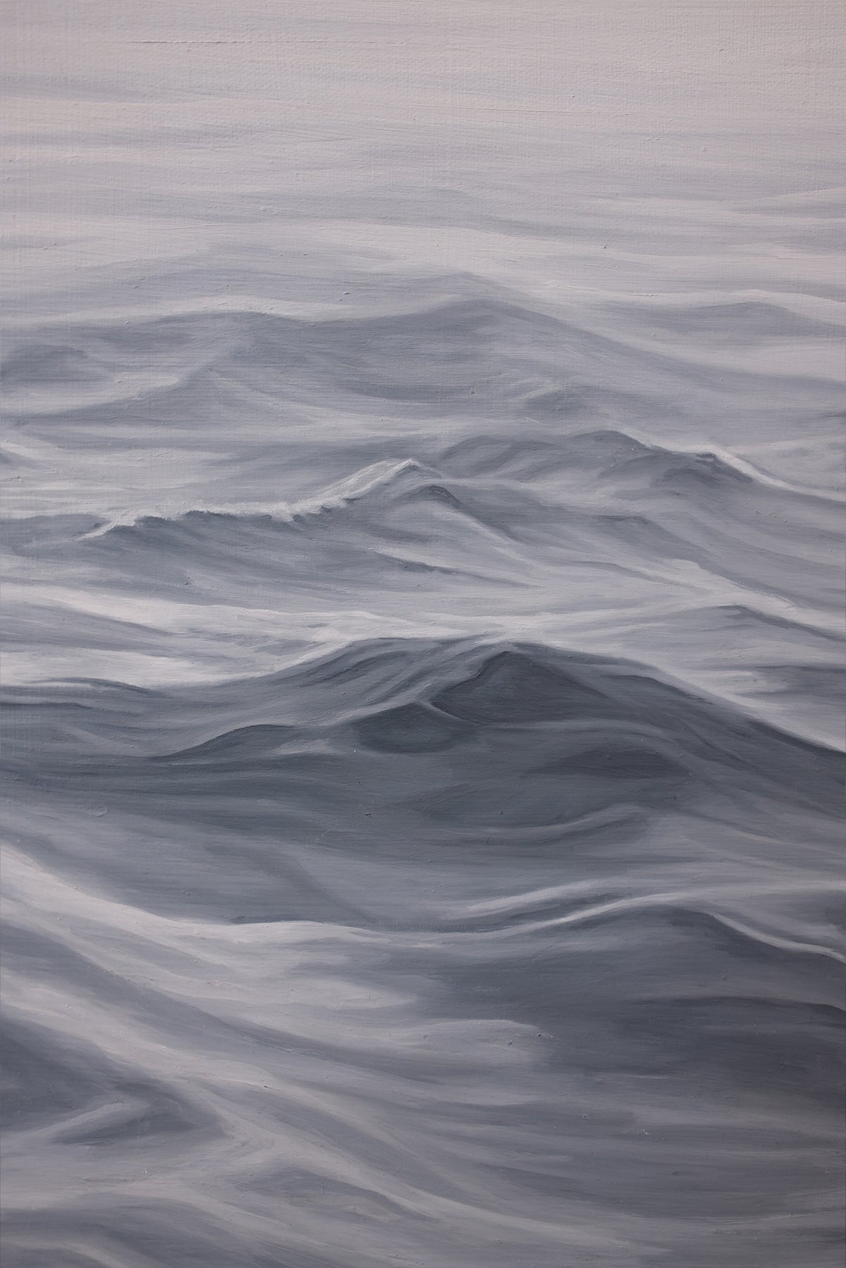 A square painting of ocean waves rendered in muted gray, blue-gray, and white tones, with soft brushwork and no visible frame or wall around it.