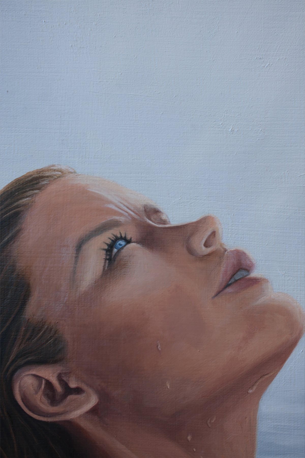 Close-up detail of the woman's face turned up to the light in Becoming, original oil painting by Candace Ceslow