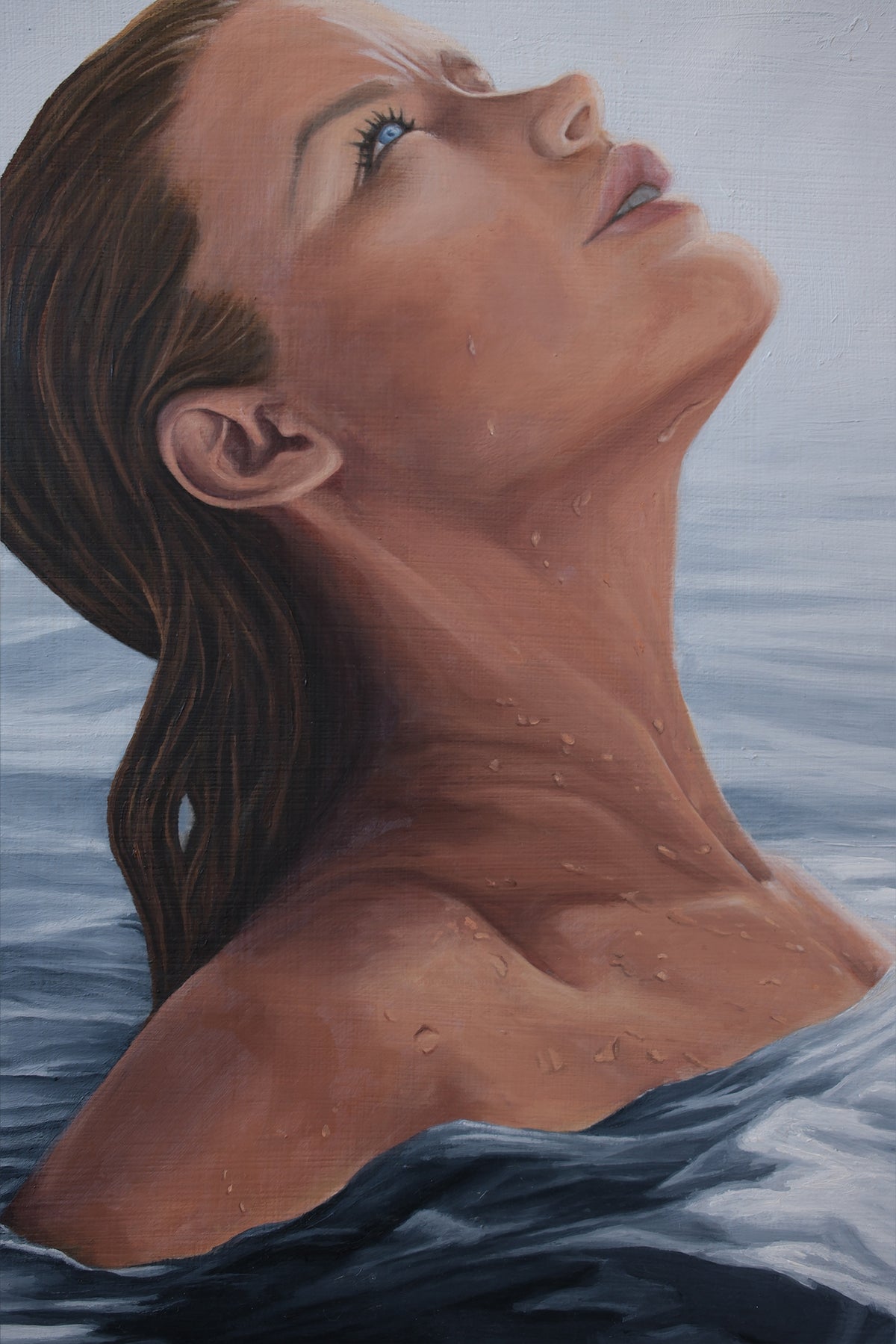 A close-up painted portrait of a woman with wet hair and water droplets on her skin, emerging from blue-gray water. The artwork fills the frame, with no visible room or studio background.