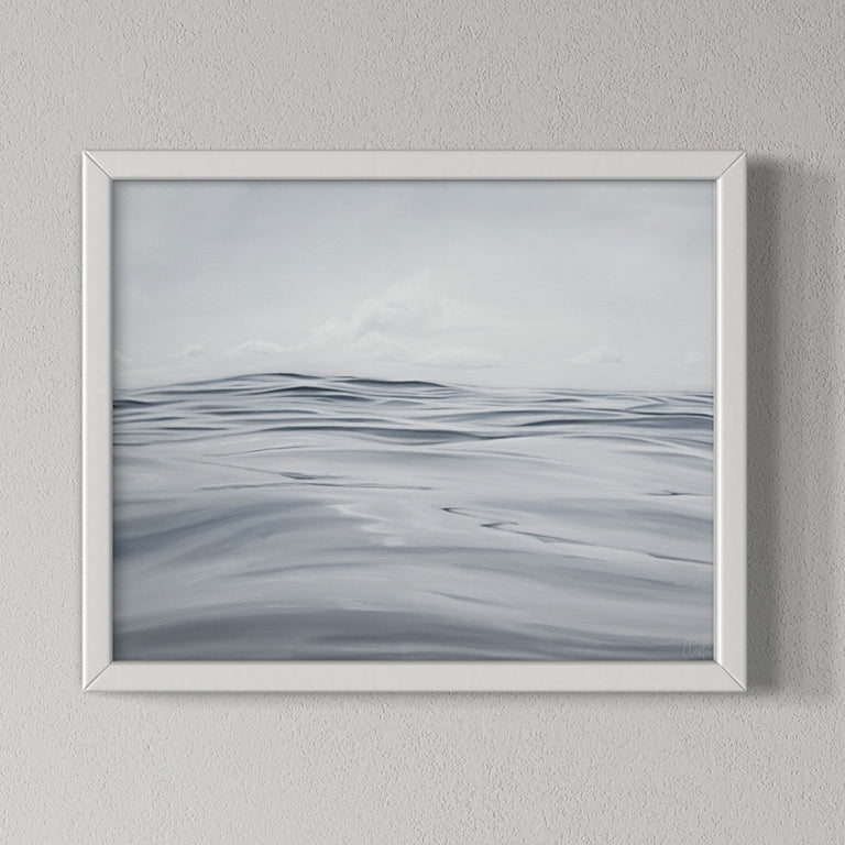 Framed abstract artwork with wavy lines on a gray background