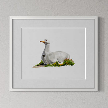 Framed artwork of The Big Duck Landmark in Flanders, Long Island, NY on a white background