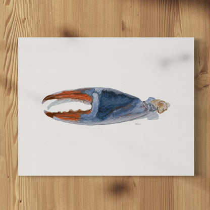 A framed watercolor print of a crab claw, with a blue, orange, and beige color palette, displayed against a white background.