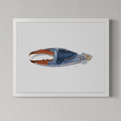 Framed artwork of a blue and orange crab claw on a gray wall