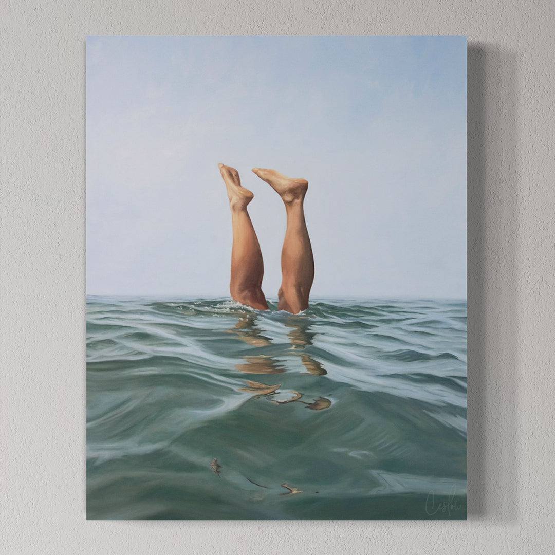 Painting of legs emerging from water with a calm sky background
