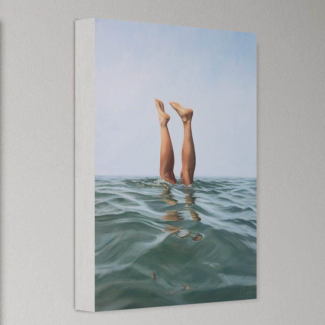 Canvas print of legs diving into water with a light gray background