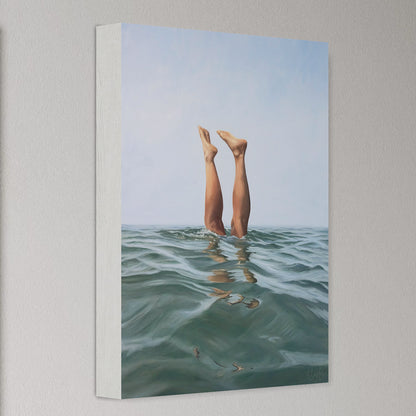 Canvas print of legs diving into water with a light gray background