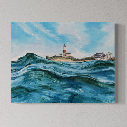 Canvas print of a lighthouse scene with blue waves and sky.
