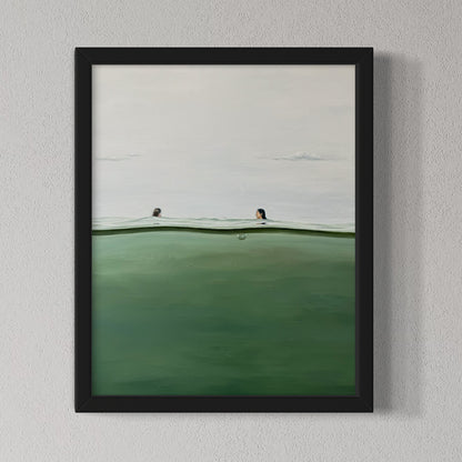Framed artwork of a minimalistic scene with two figures on a green field and white sky.